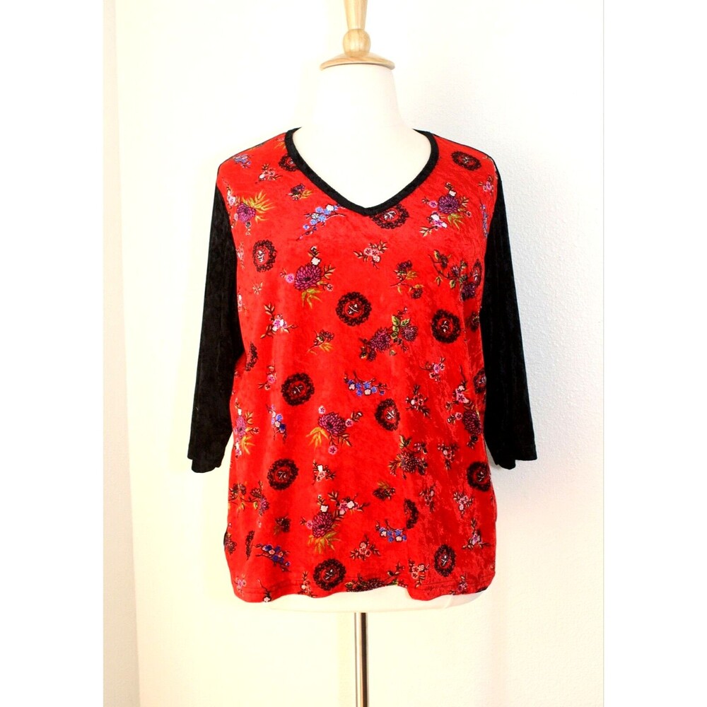 Whimsigoth TR BENTLEY Tunic Top Plus Sz. 2X   Black Red Multi Floral Velvet #03